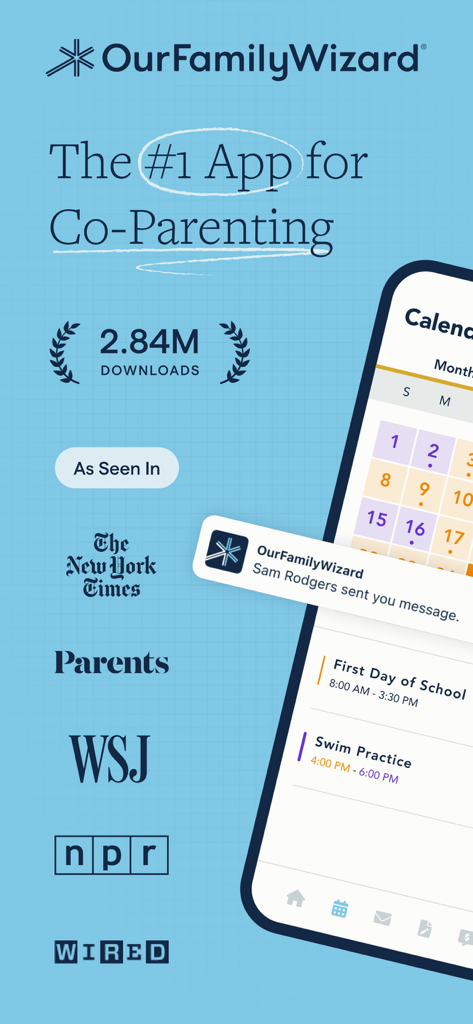 OurFamilyWizard app screen showing co-parenting features including a shared calendar and message notifications