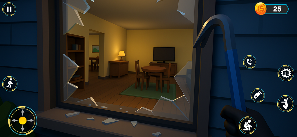 Vue à la première personne d'un joueur tenant un pied-de-biche devant une fenêtre cassée lors d'un cambriolage de maison dans Silent Thief