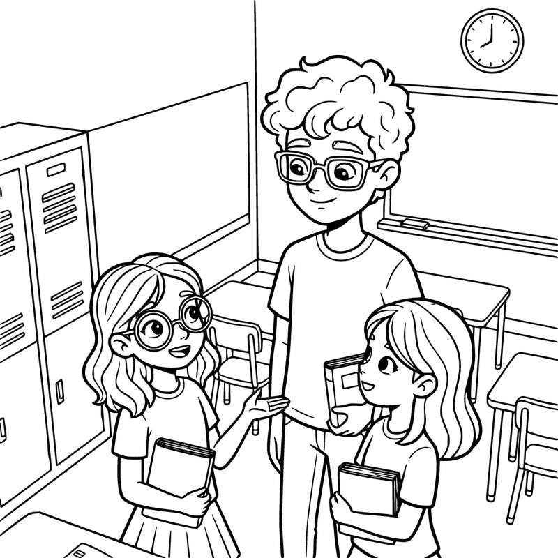 one girl with eye glasses one girl with mid length hair with a tall boy with curly hair and eye glasses at school