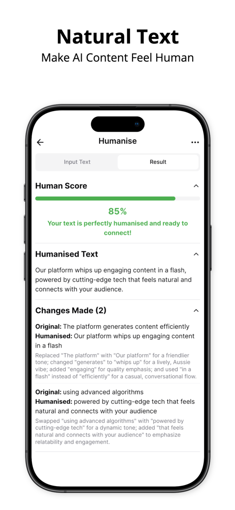 App interface showing the AI text humanizer feature with a human score of 85 percent and detailed editing comparisons.