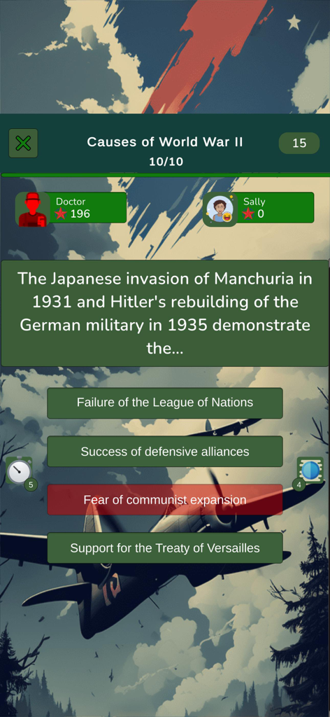 World War 2 Knowledge Quiz - Une question de quiz d'histoire sur les causes de la Seconde Guerre mondiale dans un jeu mobile multijoueur.