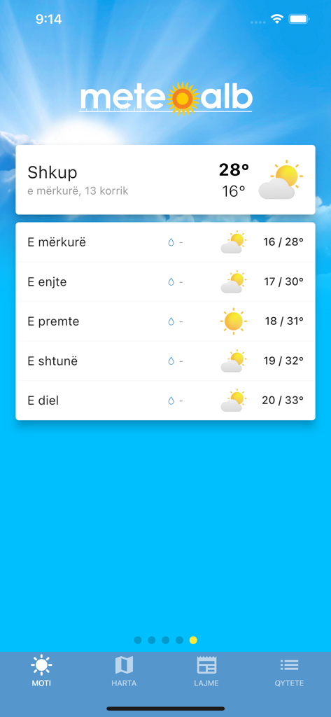 MeteoAlb - MeteoAlb weather forecast screen for Shkup showing daily temperatures and weather conditions.