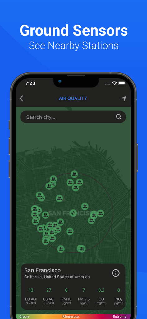 AirCare app map displaying local ground sensors and air quality data for San Francisco