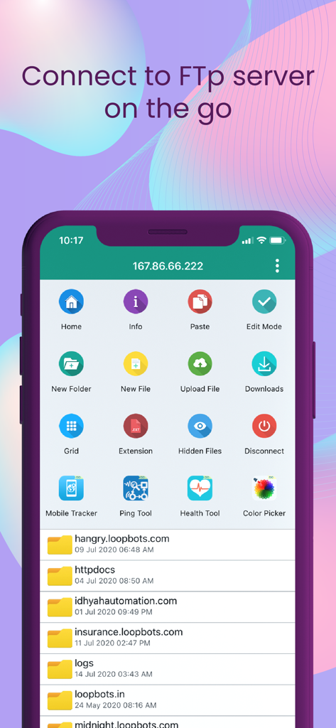 FTP Client - FTP Server Files - Interface of the FTP Client app showing server file management tools and directory list.