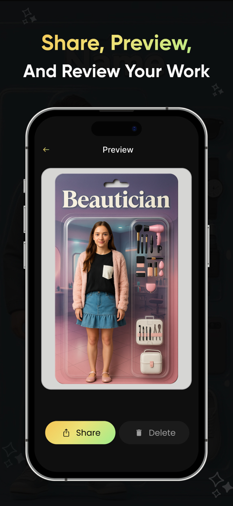 Uma tela de smartphone exibindo uma prévia de uma caixa de boneca de esteticista 3D gerada por IA com acessórios