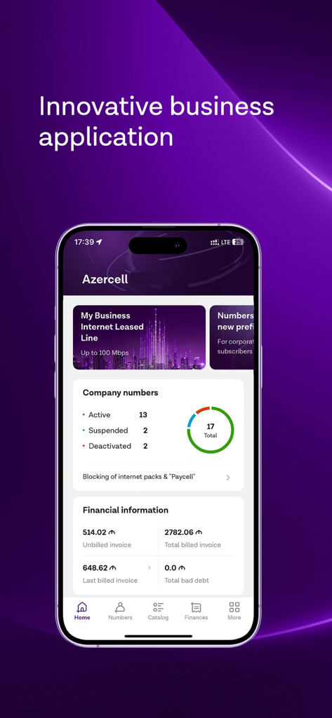 Azercell Biznes - Pantalla de inicio de la aplicación móvil Azercell Biznes mostrando el estado de los números de la empresa e información de facturación
