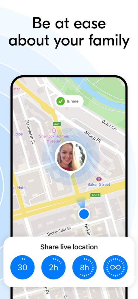 Teem: Phone Location Tracker - Teem app interface showing live location sharing on a map for family safety