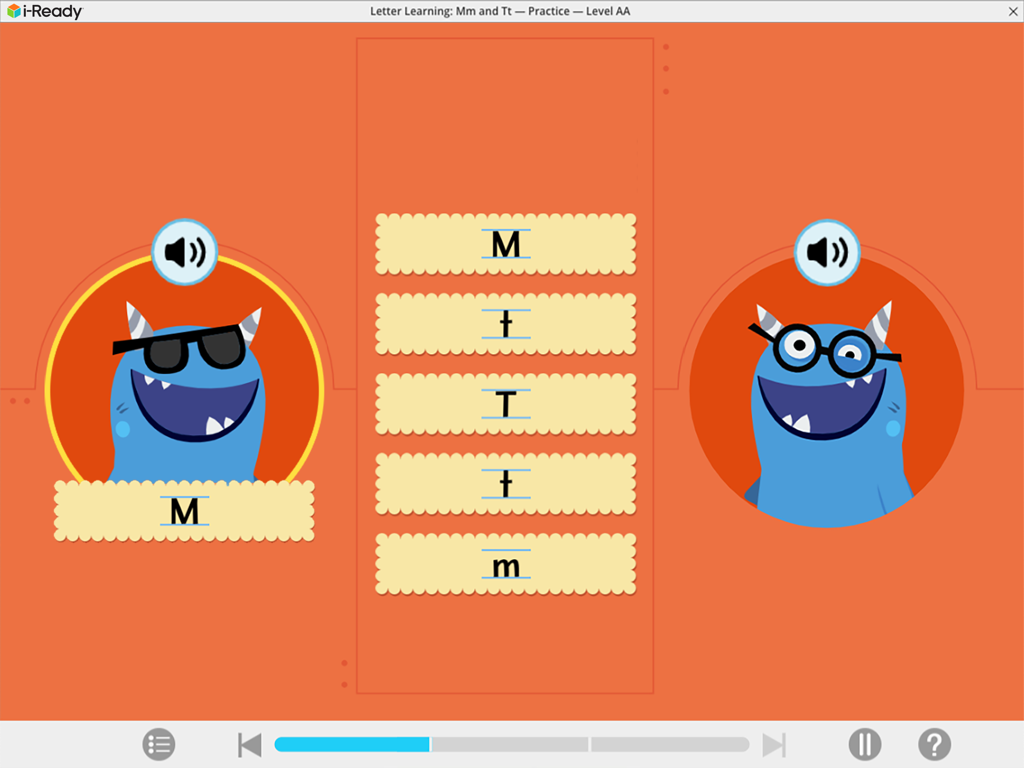 i-Ready app screenshot showing a letter learning practice lesson with monsters for letters M and T