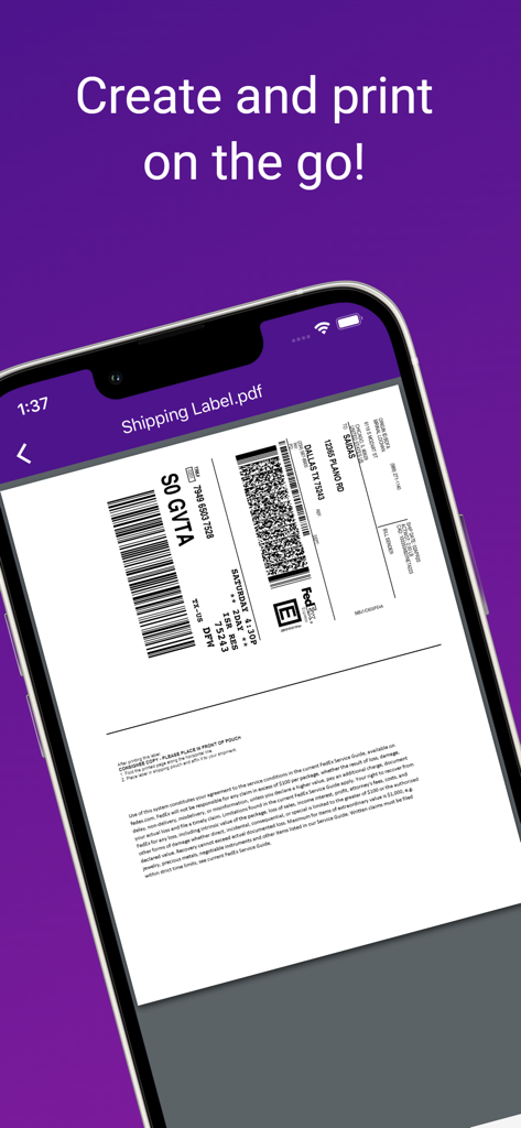 A smartphone screen displaying a FedEx shipping label PDF within the FedEx Mobile app