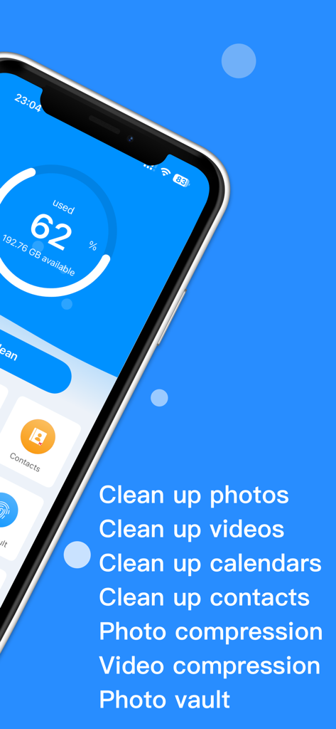 Cleaner - Clean Storage - Pantalla de smartphone mostrando estadísticas de uso de almacenamiento y una lista de funciones de la app como limpieza de fotos y vídeos.