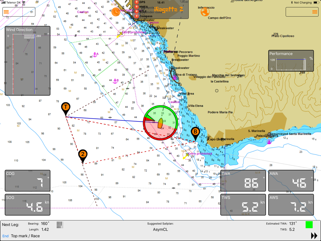 iRegatta 2 iPad interface displaying a nautical map with sailing tactical data and instrument readouts