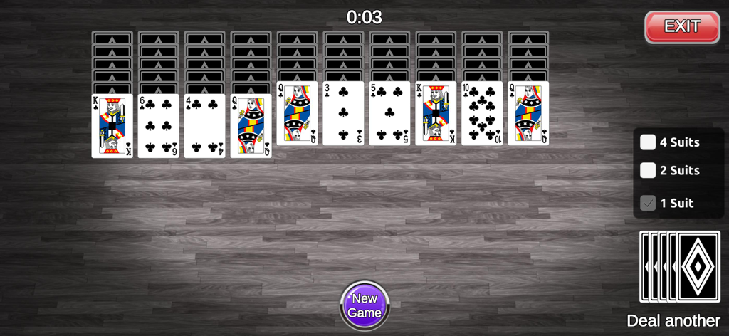 KK Club - Spider Solitaire gameplay in the KK Club mobile app showing a 1 suit card arrangement