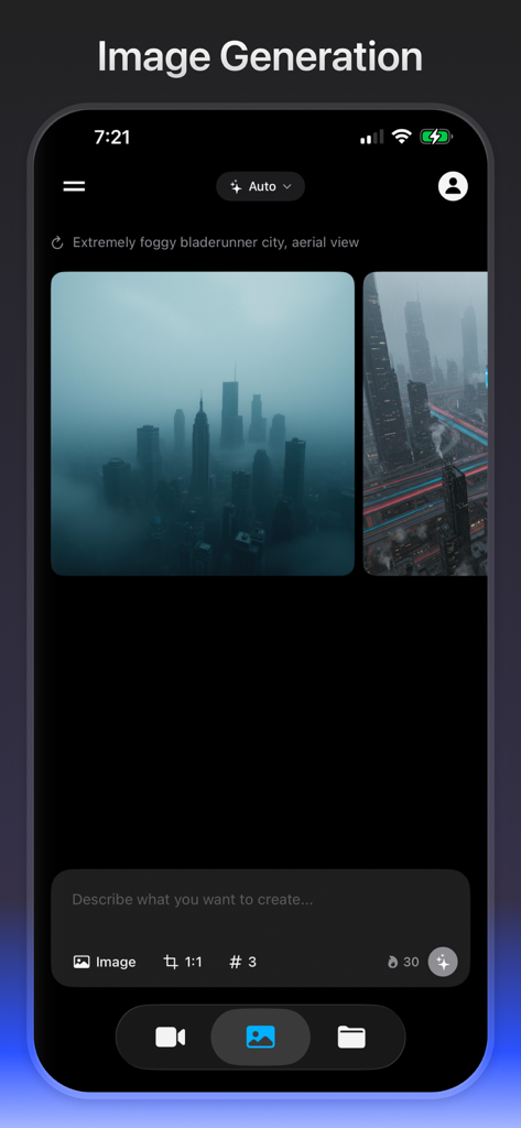 Mobile app interface of Yapper AI showing image generation with a futuristic city prompt.