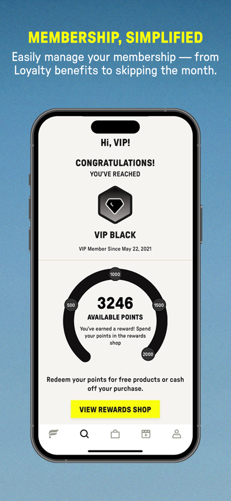 Écran de l'application Fabletics affichant le statut d'adhésion VIP Black et les points de fidélité accumulés.