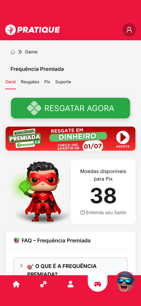 L'écran de l'application Pratique Fitness pour Frequencia Premiada, montrant les pièces gagnées et un bouton d'échange pour des récompenses financières.