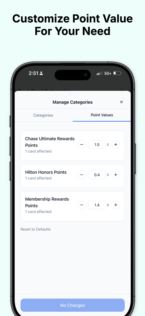 MaxWorth: AI Credit Card Tool - Interfaz de la aplicación MaxWorth que permite a los usuarios personalizar el valor de los puntos Chase Hilton y Membership Rewards.