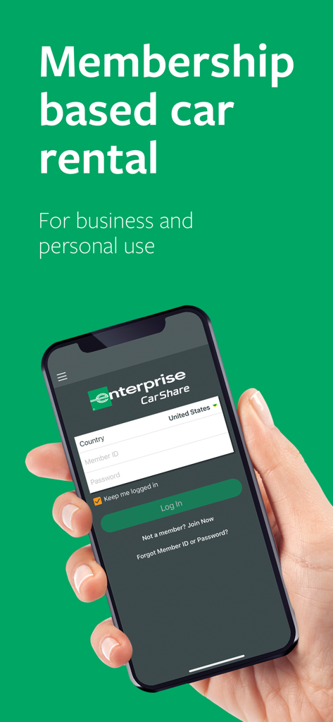 Hand holding a smartphone displaying the Enterprise CarShare app login screen for membership based car rental