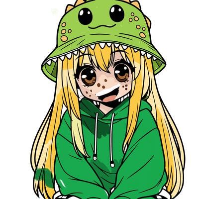 girl with anime shaped eyes with a dinosaur bucket hat oversized sweatshirt long straight hair