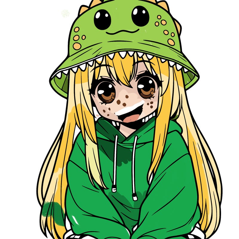 girl with anime shaped eyes with a dinosaur bucket hat oversized sweatshirt long straight hair