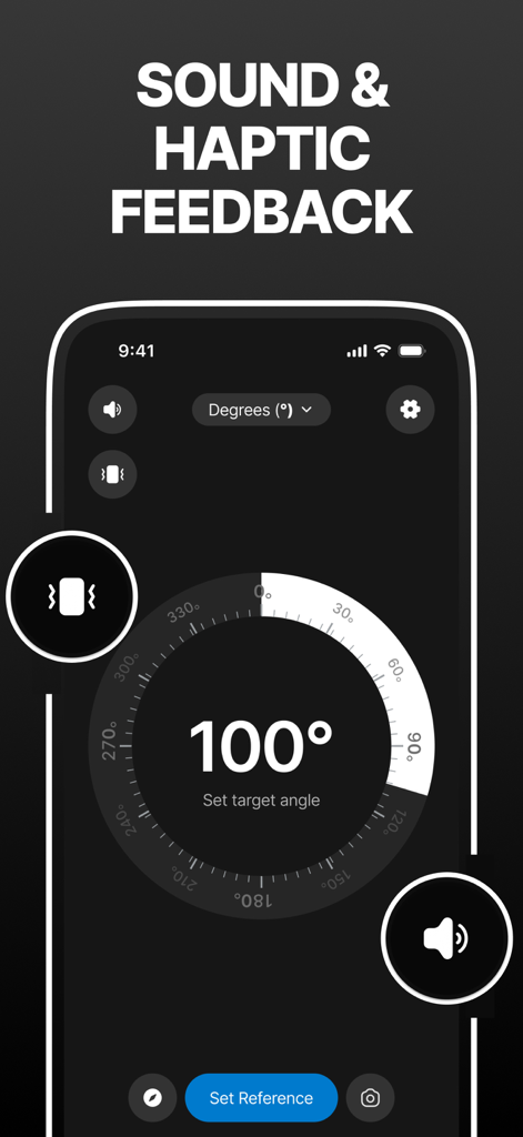 Protractor Measuring Angle - Interfaccia dell'app Goniometro Misura Angolo che mostra le impostazioni di feedback sonoro e tattile