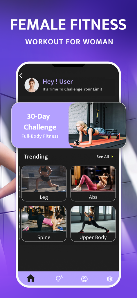 Workout for Women, Fitness - Home screen of the Workout for Women app showing a 30-day challenge and trending workout categories for leg abs spine and upper body
