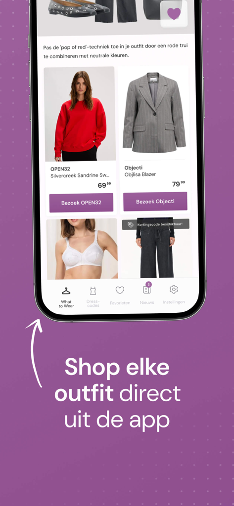 Fashionchick What to Wear - Mobile app screen displaying curated fashion items with prices and direct shop buttons