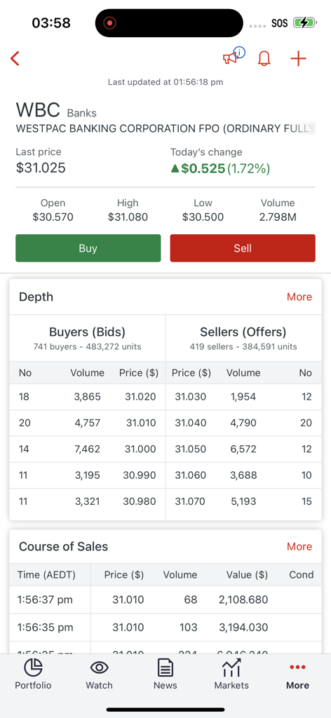 Westpac Share Trading app stock quote screen with market depth and buy sell options