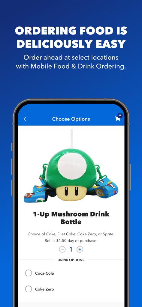 Universal Studios Hollywood™ - スーパー・ニンテンドー・ワールドのキノコ型ドリンクボトルが特徴的な、ユニバーサル・スタジオ・アプリのモバイル・フード＆ドリンク・オーダー画面。