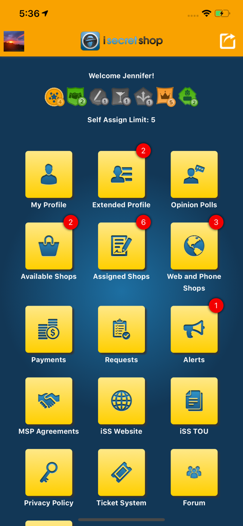 The main dashboard of the iSecretShop mobile app showing user profile badges and menu icons for available shops, assigned shops, and payments.