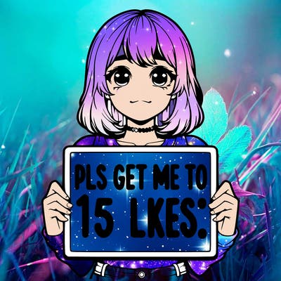 realistic girl holding up a sign that says “pls get me to 15 likes!”