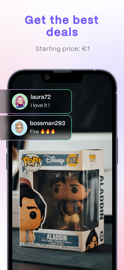Voggt - Live shopping vidéo - コミュニティチャットコメント付きのファンコポップフィギュアのライブオークションを表示するVoggtアプリ画面。