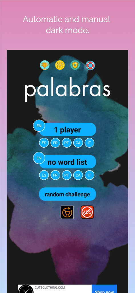 busca palabras: word search - Menú principal de la aplicación de sopa de letras busca palabras que muestra opciones de idioma y configuración de modo oscuro sobre un colorido fondo de acuarela.