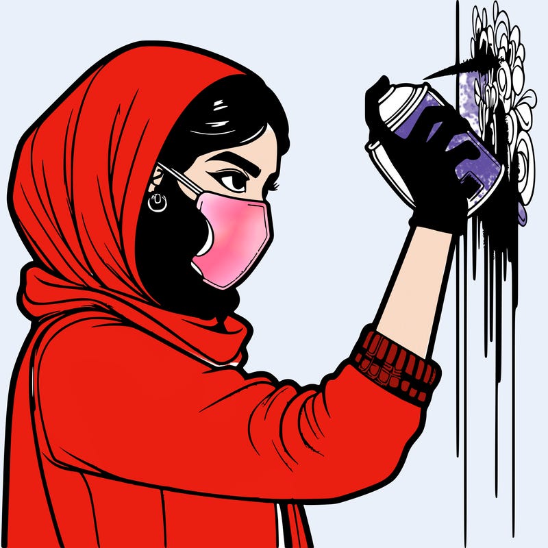 realistic girl with mask spray painting a wall