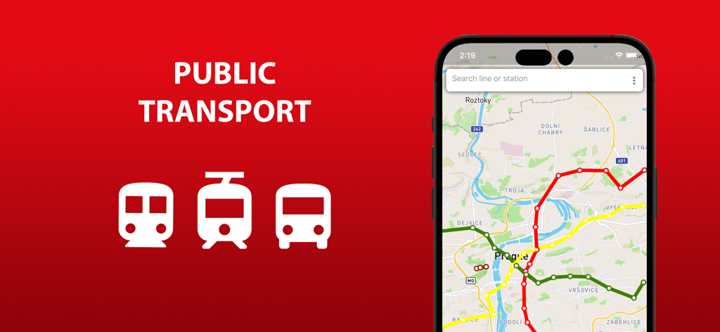 Carte des transports en commun de Prague sur l'écran d'un smartphone avec des icônes de métro, de tramway et de bus
