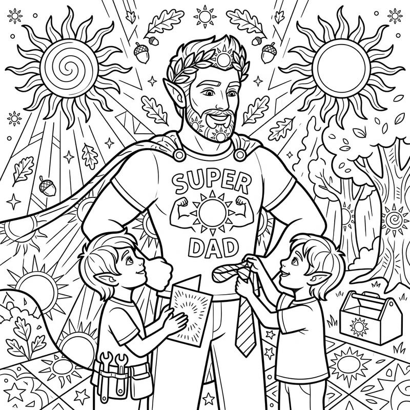 Discover a heartwarming Father's Day celebration featuring a noble Sun Elf dad and his adoring children. This enchanting coloring page captures the joy of family bonds and solar magic, perfect for honoring your own hero.