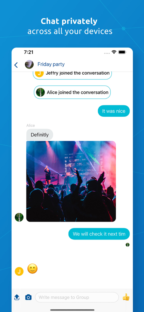Jami - Jami-Messaging-App-Oberfläche, die einen sicheren Gruppenchat mit einem geteilten Gruppenfoto zeigt