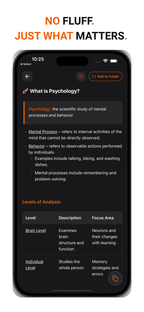 Interfaz de la aplicación TikoNote que muestra notas de estudio de psicología concisas con definiciones y una tabla de niveles de análisis.