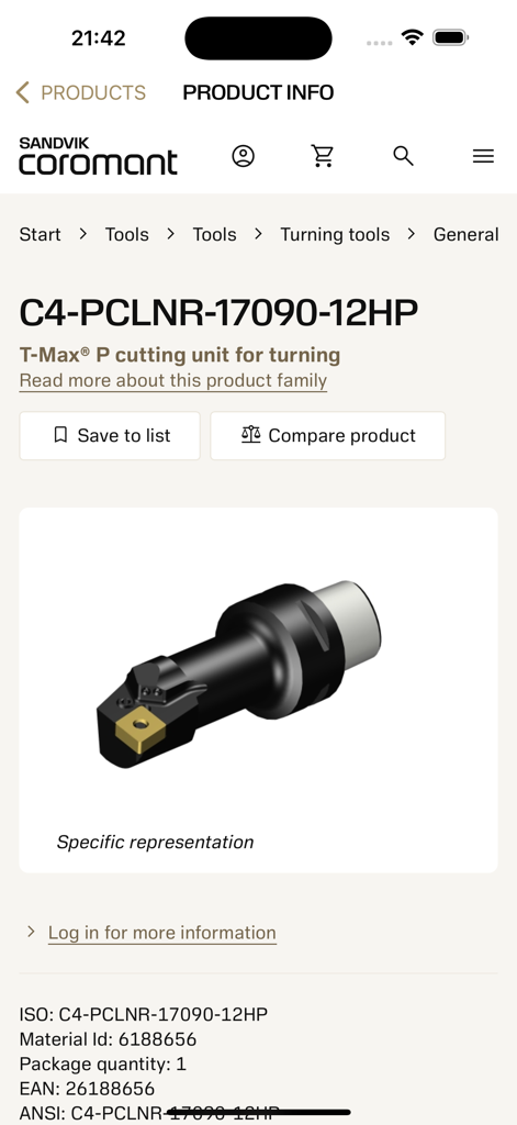 Ifind - Sandvik Coromant - Página de información del producto para una unidad de corte T-Max P dentro de la aplicación móvil Ifind de Sandvik Coromant