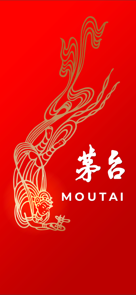 iMoutai app splash screen featuring a red background with golden celestial line art and branding