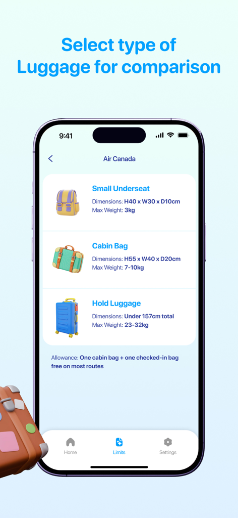 Luggify: AR Luggage Scanner - Luggify app interface displaying Air Canada baggage dimensions and weight limits for underseat, cabin, and hold luggage.