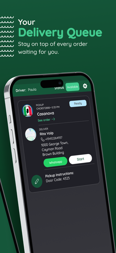 Bento Driver - Cayman - Tela do aplicativo Bento Driver mostrando uma fila de entrega com instruções de coleta e entrega em George Town