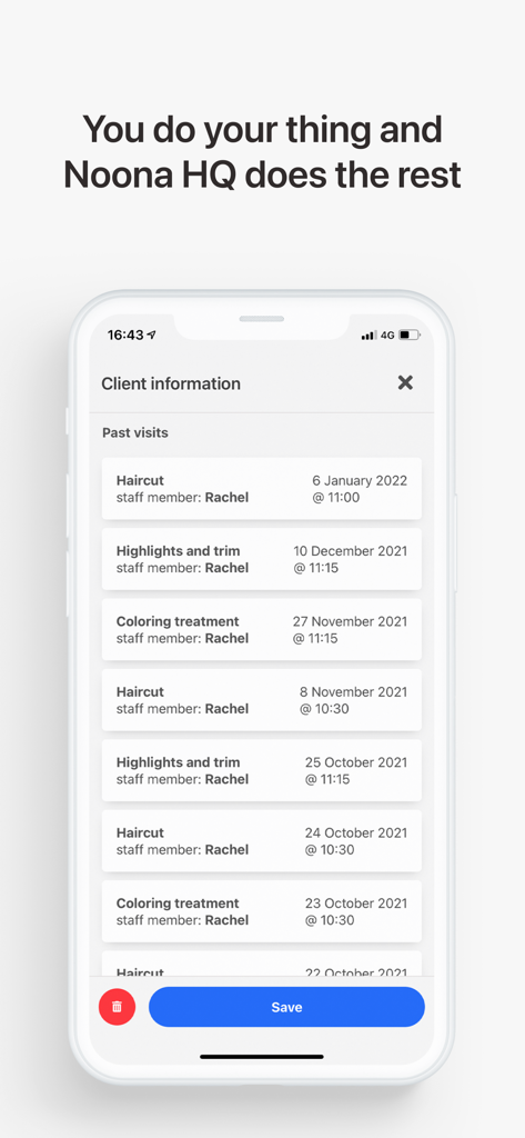 Noona HQ - Noona HQ app screen displaying a client's past visit history for hair styling services