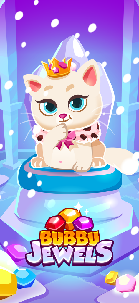 Bubbu Jewels - Merge Puzzle - Bubbu il gatto che indossa una corona e un mantello reale seduto su un trono con gioielli colorati