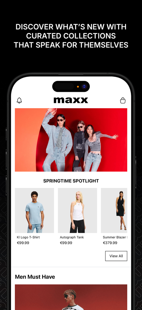 Pantalla de inicio de la app Maxx Group que muestra colecciones de moda curadas en la sección Springtime Spotlight.