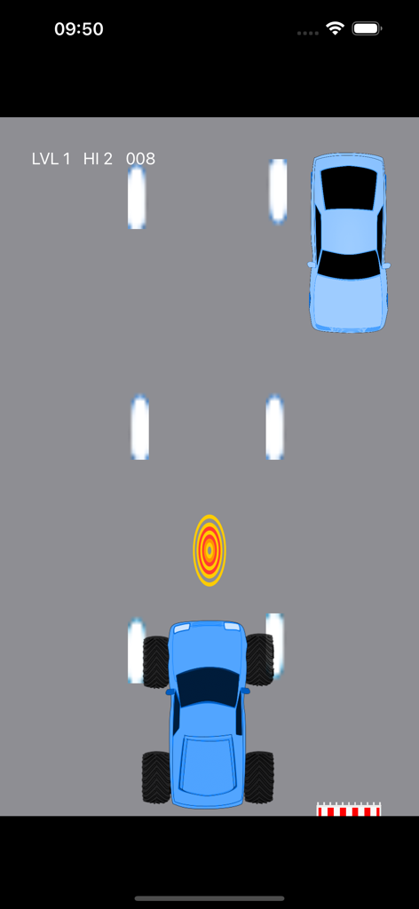 Monster Trucks: Car Smash Race - Top down gameplay view of a blue monster truck driving on a grey road in the Monster Trucks Car Smash Race game.