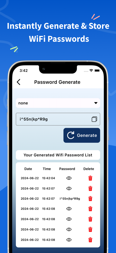 Interface showing how to generate and store secure WiFi passwords in the app