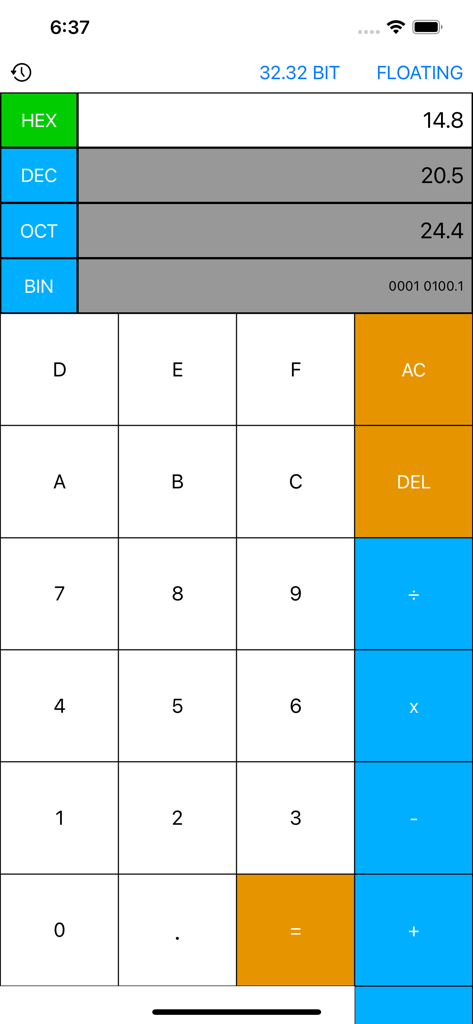 Programmer Calculator Pro showing floating point conversions between hexadecimal decimal octal and binary bases