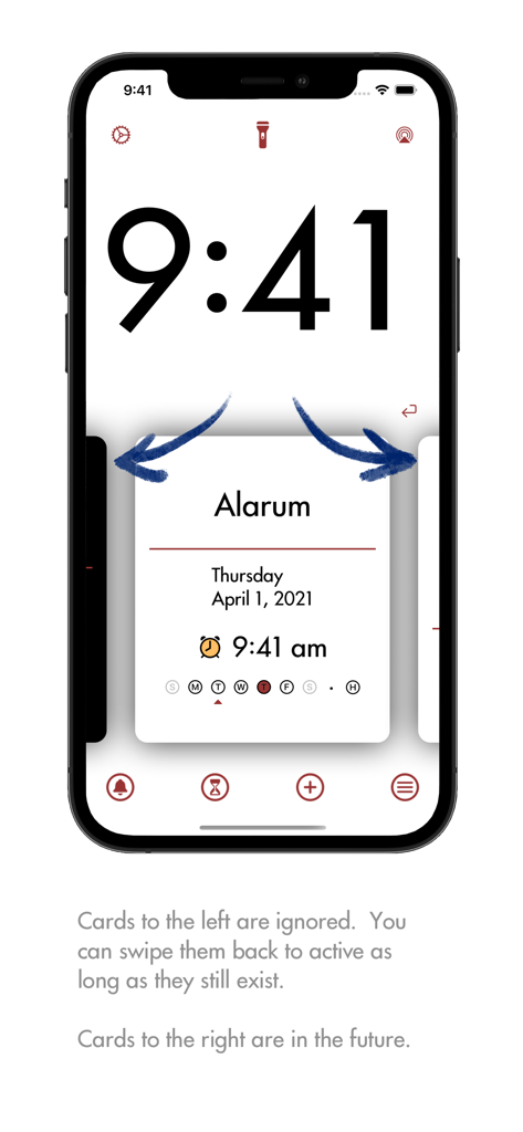 Alarum app interface showing the card-based alarm management system with swipe gestures to enable or disable alarms.