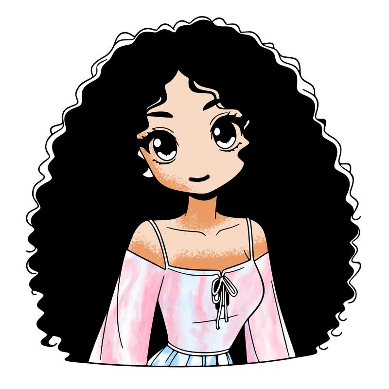 a black anime girl with long afro hair
