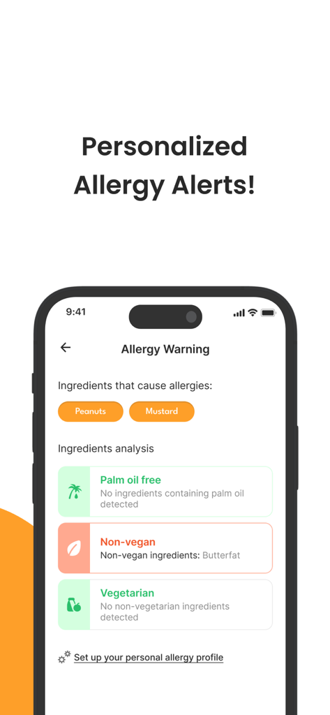 Healthy Food Scanner - パーソナライズされたアレルギー警告と食事成分分析を表示するモバイルアプリ画面